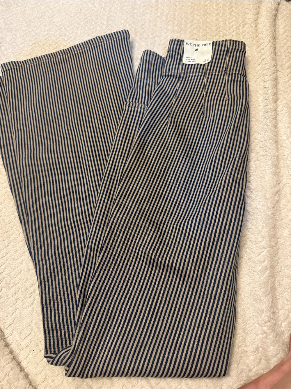 We The Free Vertical Stripe High Rise Flare Jeans - Blue & Tan - Picture 2 of 2